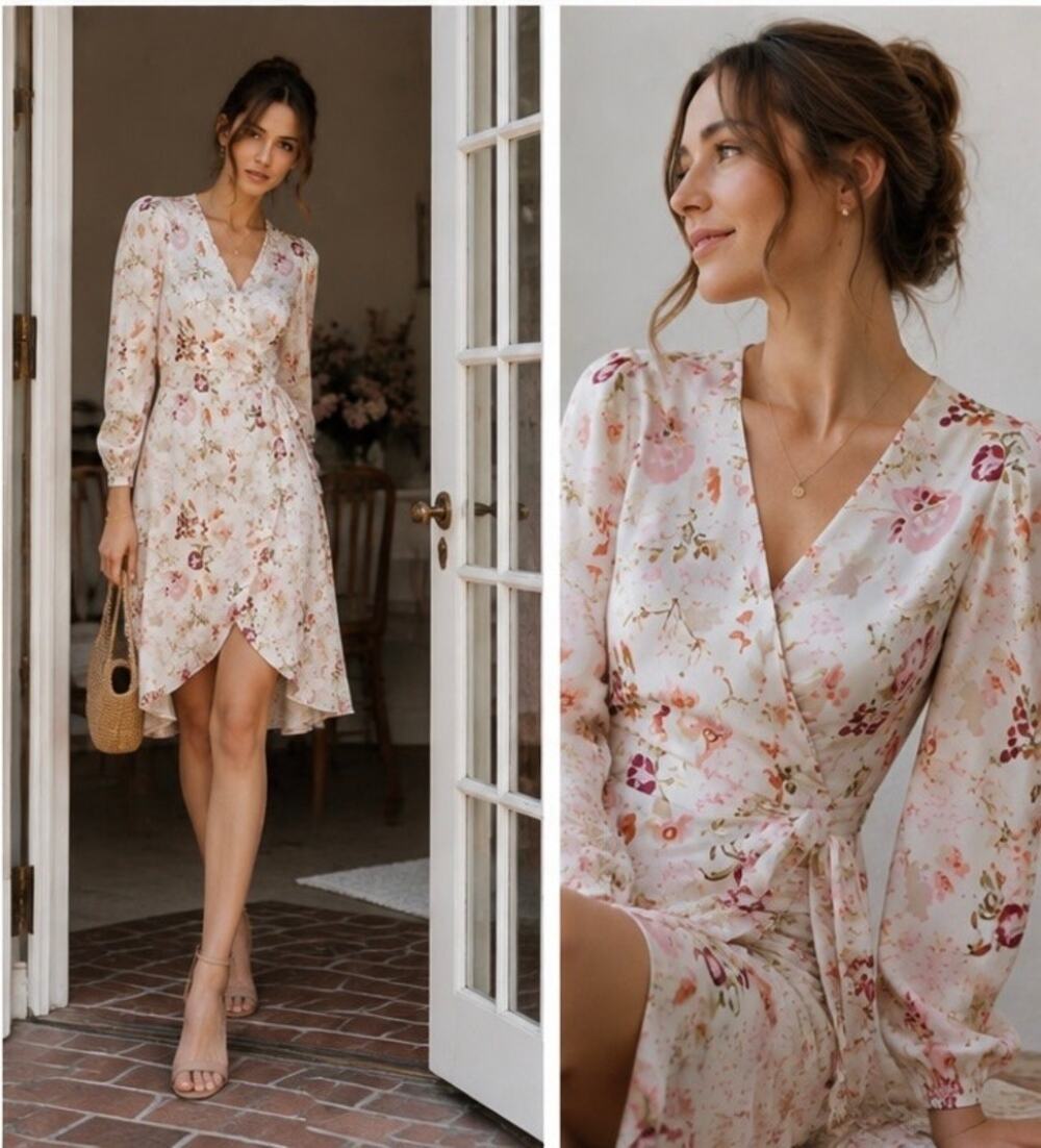 byTiMo Floral Satin Wrap Dress Pink Romantic Cottagecore Long Sleeve S